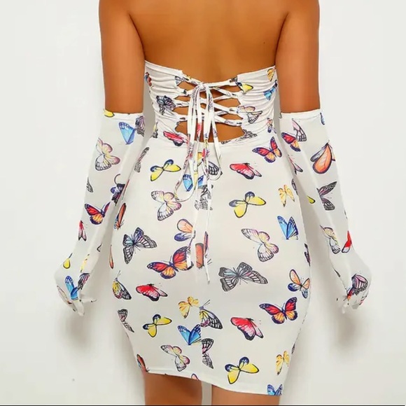 Strapless butterfly print Mini Dress With Gloves SMALL - Picture 5 of 15
